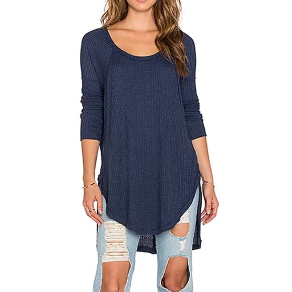 Free People Medium M Gray Ventura Thermal Tee Long Sleeve Waffle Knit Curved Hem - Picture 9 of 9